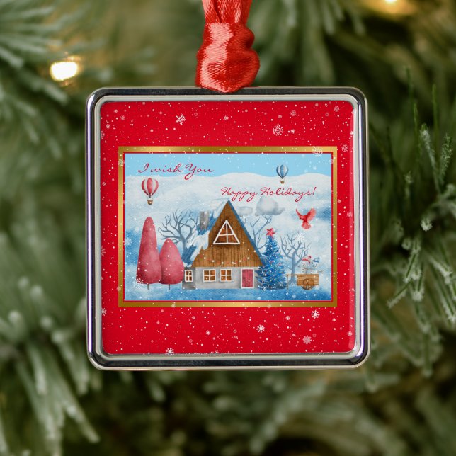 Ornamento De Metal Cardeal na Paisagem Personalizar (Árvore)