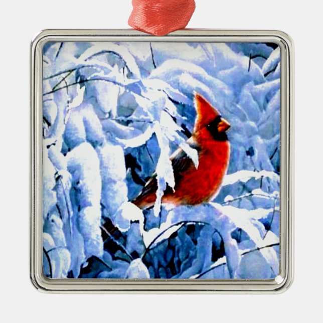 Ornamento De Metal Cardeal Vermelho Na Neve De Inverno (Frente)