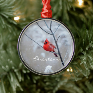 Ornamento De Metal Cardinal Vermelho de Inverno na Neve