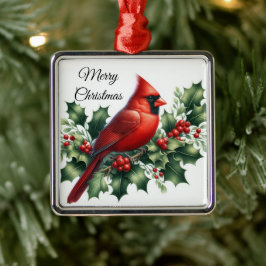 Ornamento De Metal Cardinal Vermelho de Natal e Azevinho