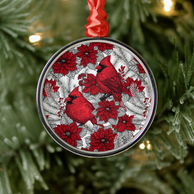 Ornamento De Metal Cardinhas e poinsetos em vermelho e branco (Árvore)