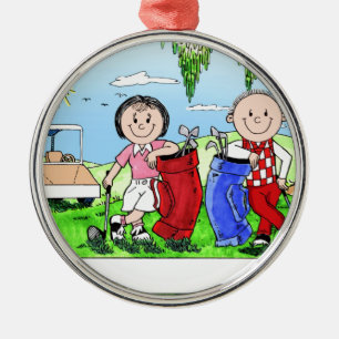 Ornamento De Metal Caricatura Personalizada De Casal De Golfe