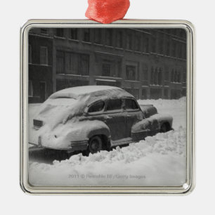 Ornamento De Metal Carro tampado neve na rua B&W