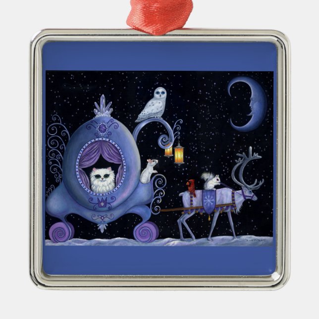 Ornamento De Metal Carruagem Azul, Inverno, Coruja Branca de Neve (Frente)