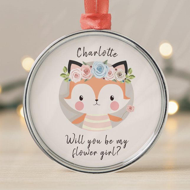 Ornamento De Metal Cartão de Proposta Fox Flower Girl (Criador carregado)