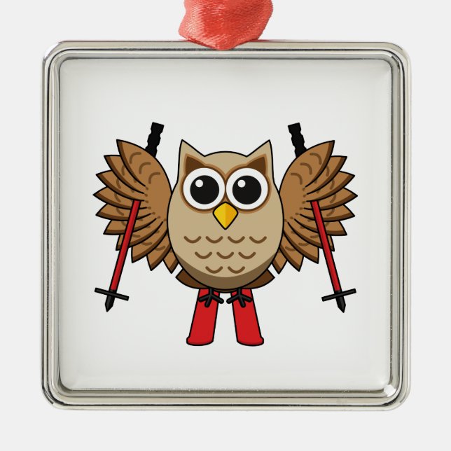 Ornamento De Metal Cartoon de Skiing Coruja (Frente)