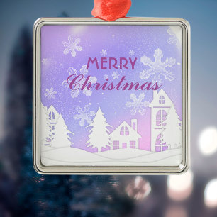 Ornamento De Metal Casa Branca Roxa Flocos de Neve Xmas Ano Novo 2023