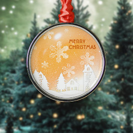 Ornamento De Metal Casa de Neve Branca Marrom Dourado Feliz Natal