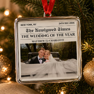 Ornamento De Metal Casal de Natal de Jornal Recém-Casados Foto Primei