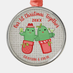 Ornamento De Metal Casal de Natal do Cactus - Primeiro Feriado Sucule