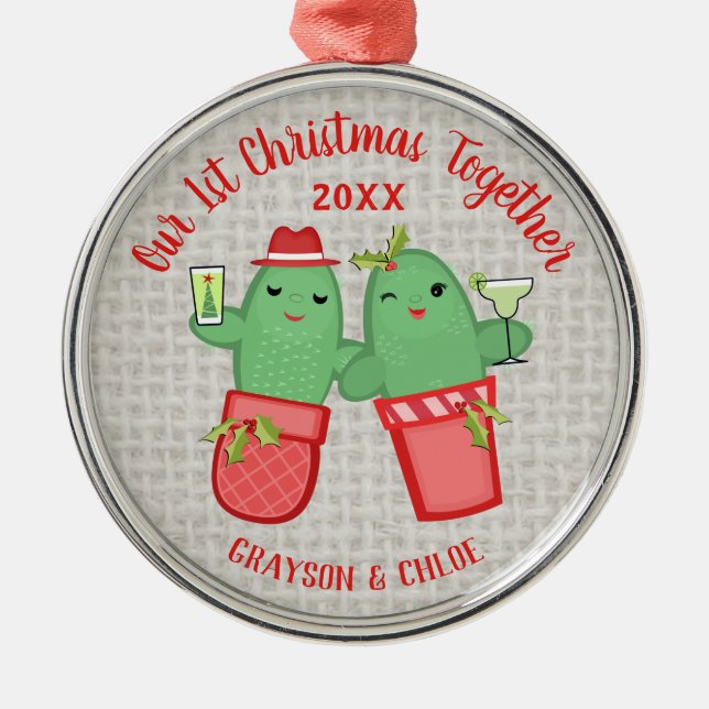 Ornamento De Metal Casal de Natal do Cactus - Primeiro Feriado Sucule (Frente)