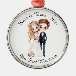 Ornamento De Metal Casal de Noivos Personalizado, Nosso Primeiro Nata