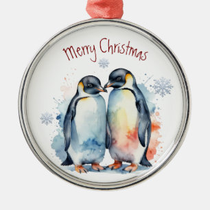 Ornamento De Metal Casal de Pinguim de Aquarela Arte Animal de invern