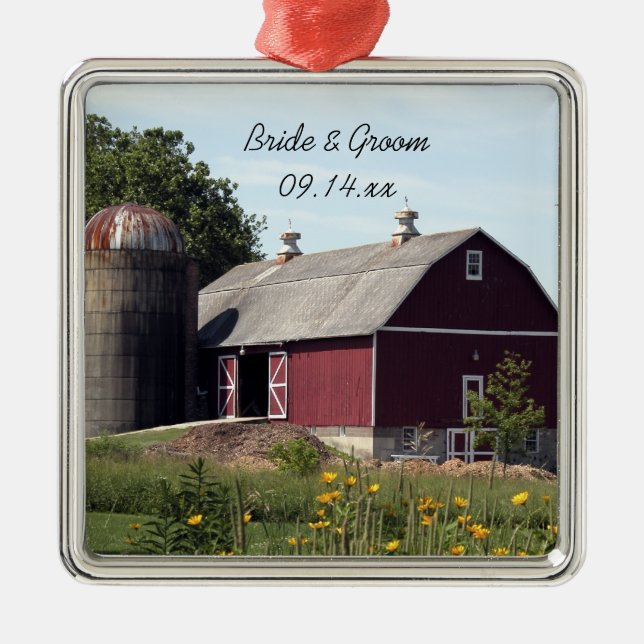 Ornamento De Metal Casamento com Red Barn Country (Frente)
