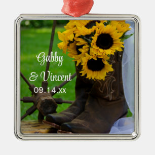 Ornamento De Metal Casamento entre Rustic Sunflower e Cowboy Boots We