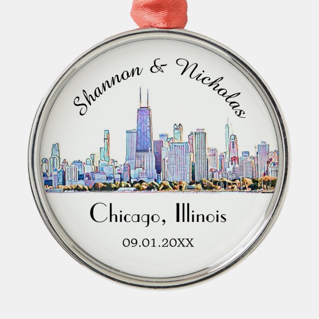 Ornamento De Metal Casamento Skyline Personalizado em Chicago (Frente)