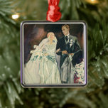 Ornamento De Metal Casamento vintage Newlyweds, Feliz Noiva e Goom<br><div class="desc">Imagem de casamento com recém-casados "Recem casados" caminhando pelo corredor após a cerimônia de casamento. A noiva está vestindo um belo vestido de noiva e véu e segurando um buquê floral de flores brancas de lírio. O belo noivo parece tonto no seu smoking com caudas.</div>