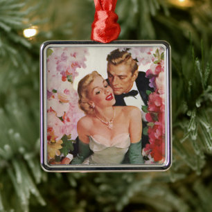 Ornamento De Metal Casamento vintage, Newlyweds retros dos noivos