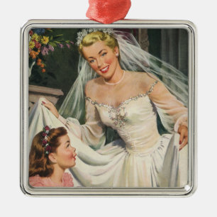 Ornamento De Metal Casamento vintage, Noiva retrô com Garota Flor