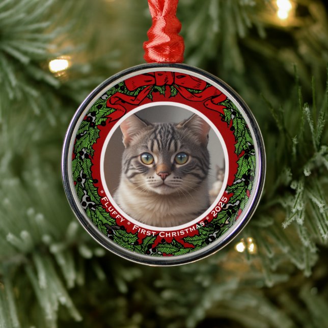 Ornamento De Metal Cat Custom photo First Christmas wreath  (Árvore)