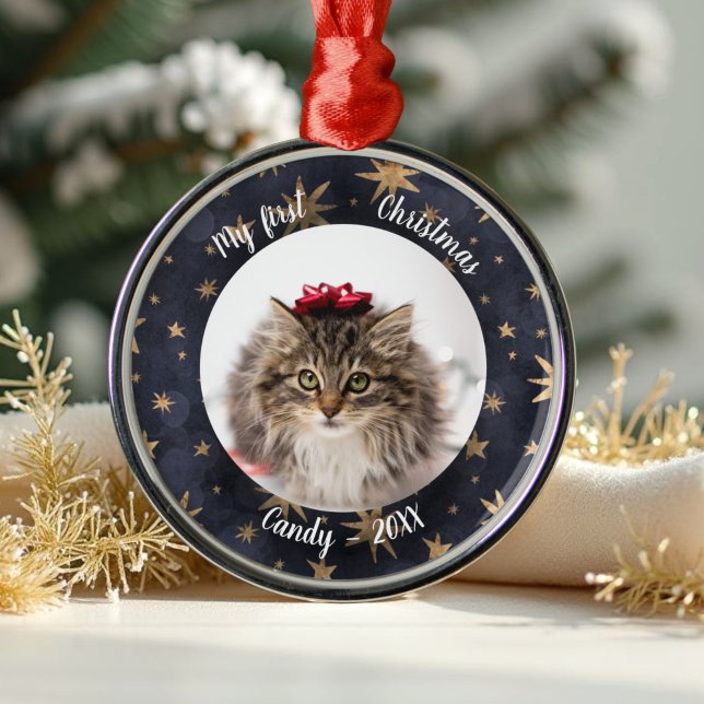 Ornamento De Metal Cat Pet First Christmas Photo Rustic Messy Stars (Criador carregado)