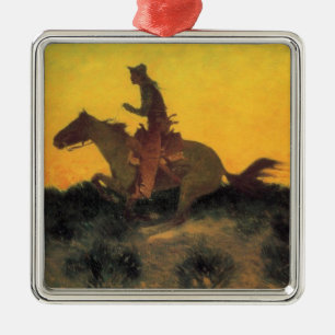 Ornamento De Metal Cavaleiro Americano de Cowboy Contra o Pôr do Sol