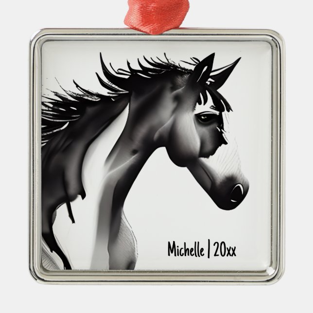 Ornamento De Metal Cavalo Abstrato personalizado preto/branco Natal (Frente)