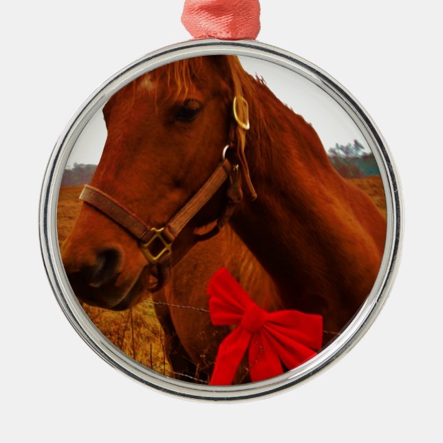 Ornamento De Metal Cavalo com Arco Vermelho (Frente)