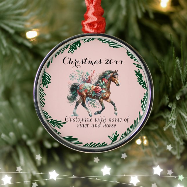 Ornamento De Metal Cavalo De Inverno Com Flores (Enjoy this Festive Christmas design! Customize with your favorite holiday event or greeting. )