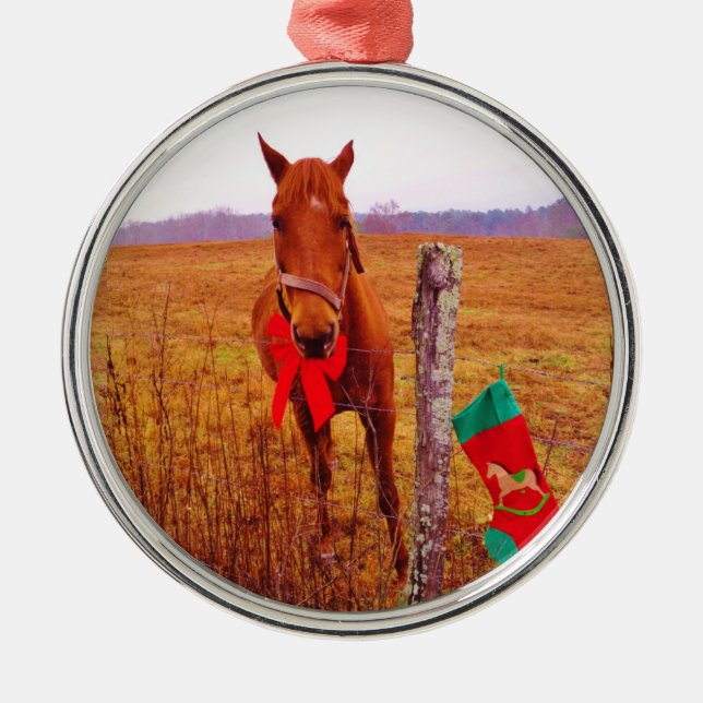 Ornamento De Metal Cavalo de Natal com arco e estocagem (Frente)