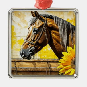 Ornamento De Metal Cavalo e Girassol Arte de IA Bonita