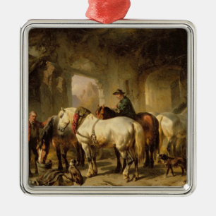 Ornamento De Metal Cavalos que alimentam no estábulo