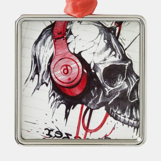 Ornamento De Metal Caveira com Fones de ouvido (Frente)