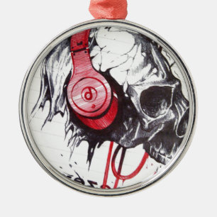 Ornamento De Metal Caveira com Fones de ouvido