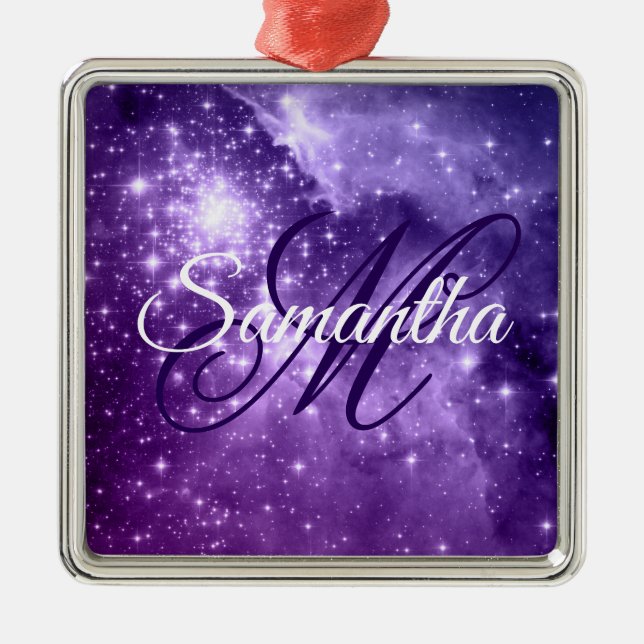 Ornamento De Metal Celestial Purple Starry Sparkle Fancy Monogram (Frente)