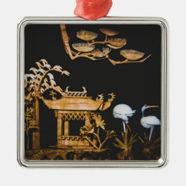 Ornamento De Metal Cena da Natureza com Pagode Chinesa e Grous
