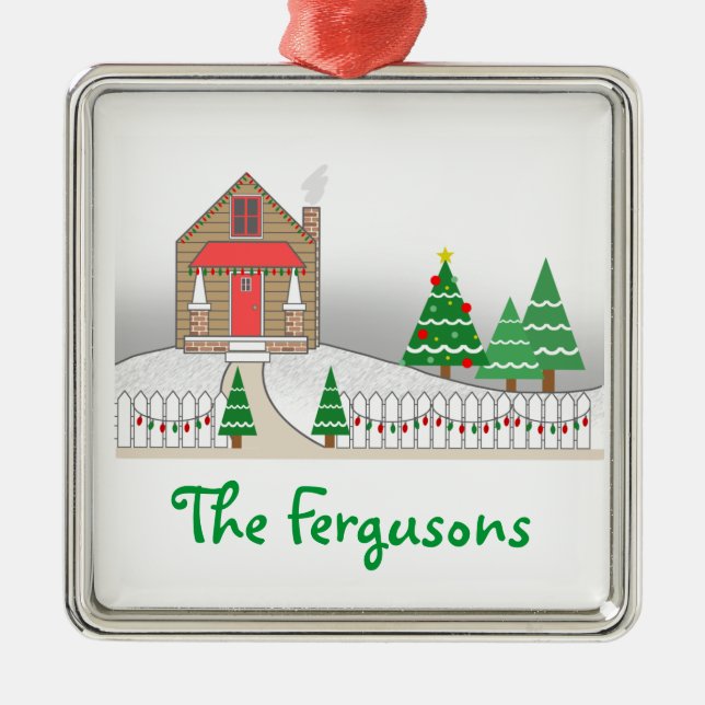 Ornamento De Metal Cena da neve de luzes da cabana rústica de madeira (Frente)