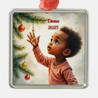 Ornamento De Metal Cena personalizada de Natal com bebê segurando árv