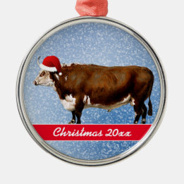 Ornamento De Metal Cerâmica Hereford Bull e Santa Hat