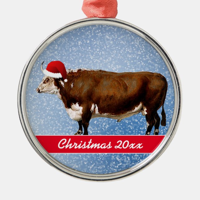 Ornamento De Metal Cerâmica Hereford Bull e Santa Hat (Frente)
