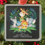 Ornamento De Metal Chalkboard Jungle Baby's First Christmas Ornament<br><div class="desc">Bons animais de safari para meninos ou meninas no primeiro Natal. Nossa linda cena da selva apresenta uma girafa,  macaco,  elefante,  zebra,  hippo e leão. Itens correspondentes disponíveis em nosso compro.</div>