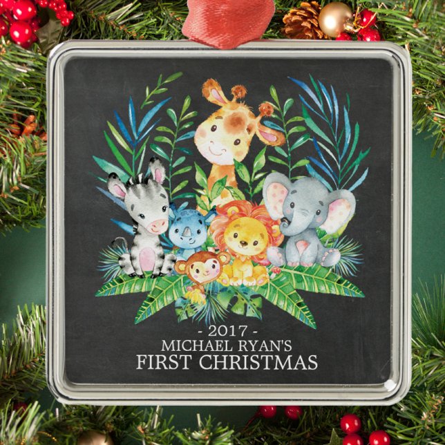 Ornamento De Metal Chalkboard Jungle Baby's First Christmas Ornament (Criador carregado)