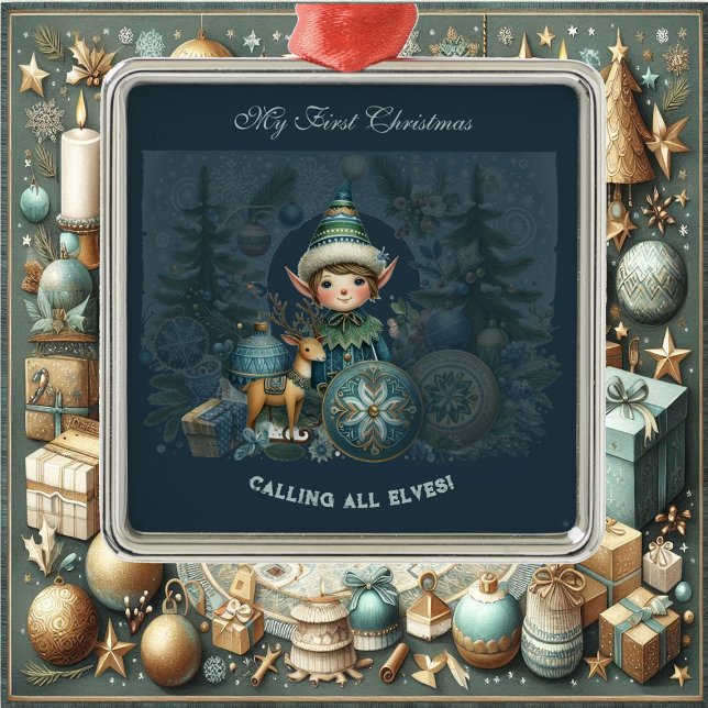 Ornamento De Metal Chamando Todos os Elves Snowflakes Meu Primeiro Na (Calling All Elves Snowflakes My First Christmas Metal Ornament)
