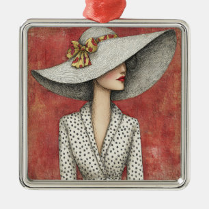 Ornamento De Metal Chapéu Solar Largo Vintage Senhora em Vermelho