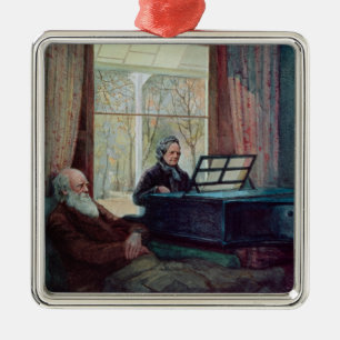 Ornamento De Metal Charles Darwin e sua esposa no piano