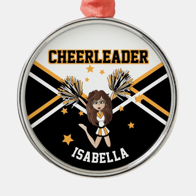 Ornamento De Metal Cheerleader 📣 💖 Garota - Branco, Preto e Dourado (Frente)