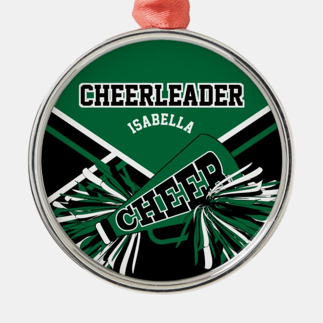 Ornamento De Metal Cheerleader 📣 - Verde escuro, preto e branco (Frente)