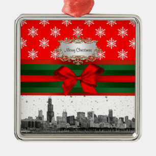 Ornamento De Metal Chicago Skyline Red Snowflake Natal