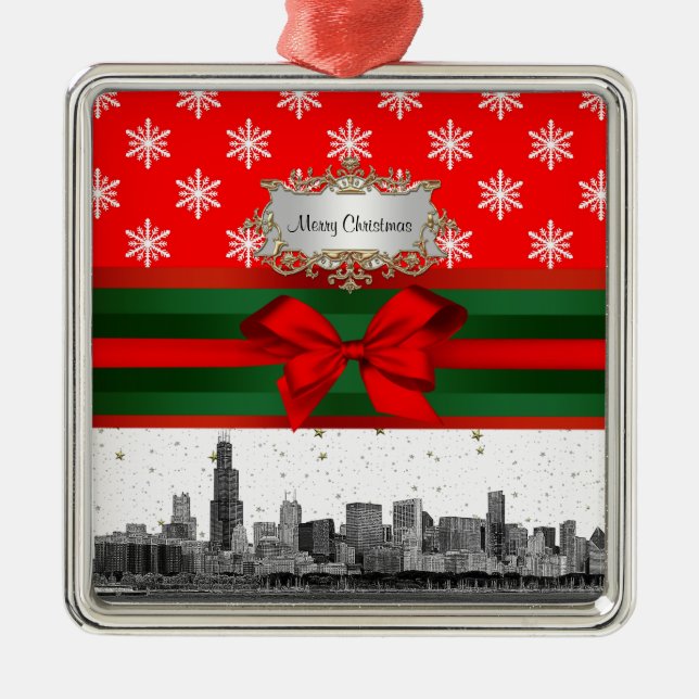 Ornamento De Metal Chicago Skyline Red Snowflake Natal (Frente)