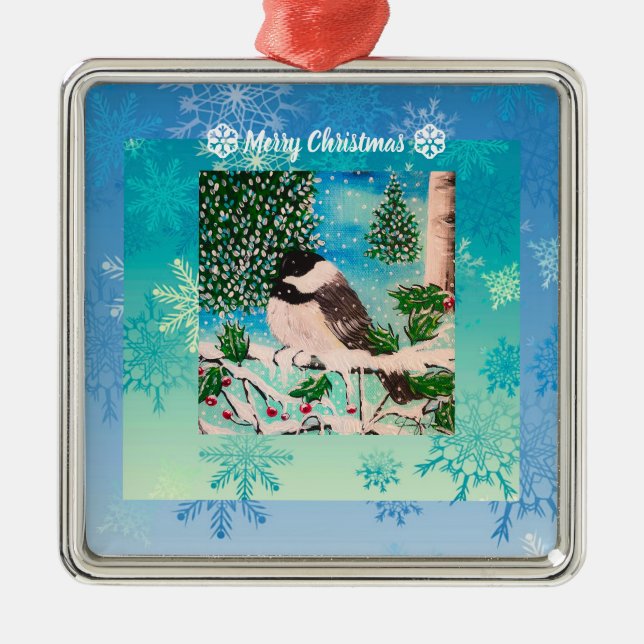 Ornamento De Metal Chickadee Chatter Natal (Frente)